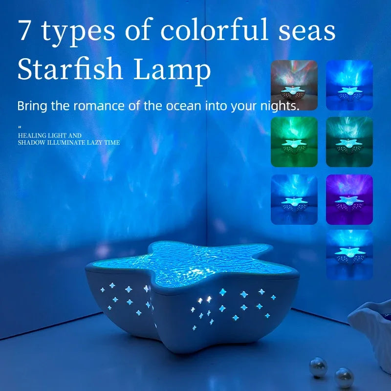 Luminária de mesa LED com luz noturna recarregável Starfish, projetor de ondas do oceano do norte, romântica para decoração de mesa e festival de quarto
