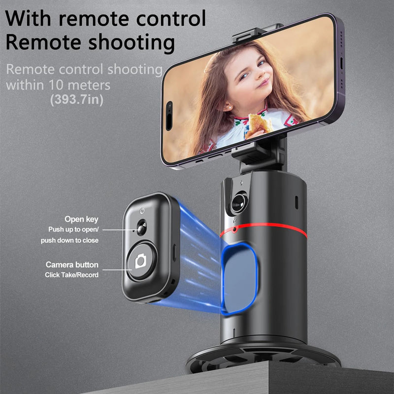 Suporte de telefone com rotação de 360° e rastreamento facial automático, dobrável com controle remoto e operação por gestos para transmissão ao vivo em smartphone
