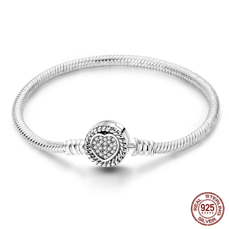 Novidades em prata esterlina 925, corrente de cobra, pulseiras com fecho de zircônia em formato de coração, berloques para panela, joias da moda, faça você mesmo, fabricação de presentes