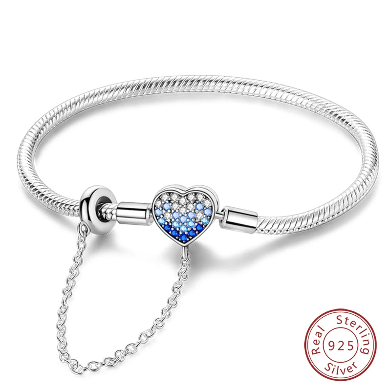 Novidades em prata esterlina 925, corrente de cobra, pulseiras com fecho de zircônia em formato de coração, berloques para panela, joias da moda, faça você mesmo, fabricação de presentes