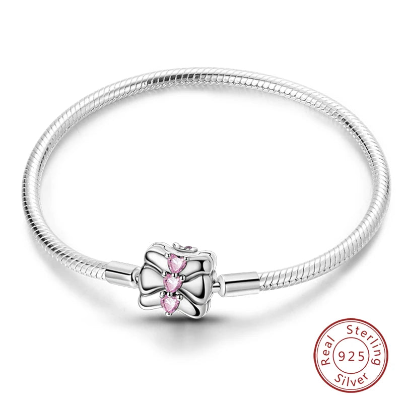Novidades em prata esterlina 925, corrente de cobra, pulseiras com fecho de zircônia em formato de coração, berloques para panela, joias da moda, faça você mesmo, fabricação de presentes