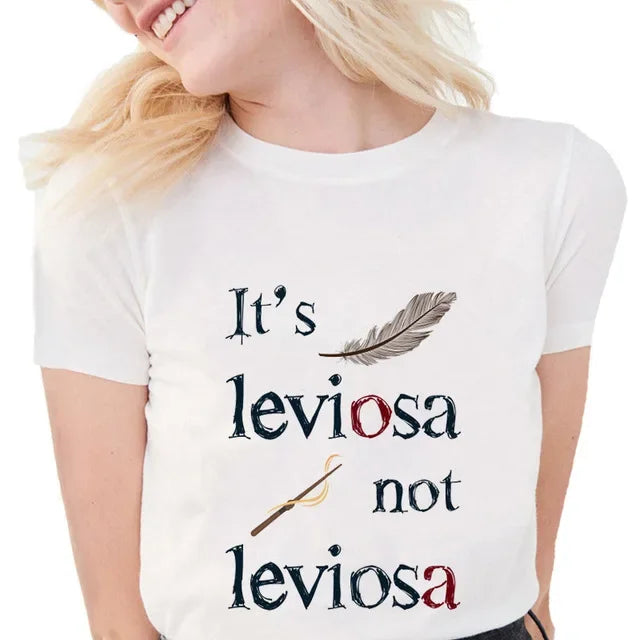 Camiseta casual branca com gola redonda e manga curta, moda feminina, estampa Harry Potter, blusa básica