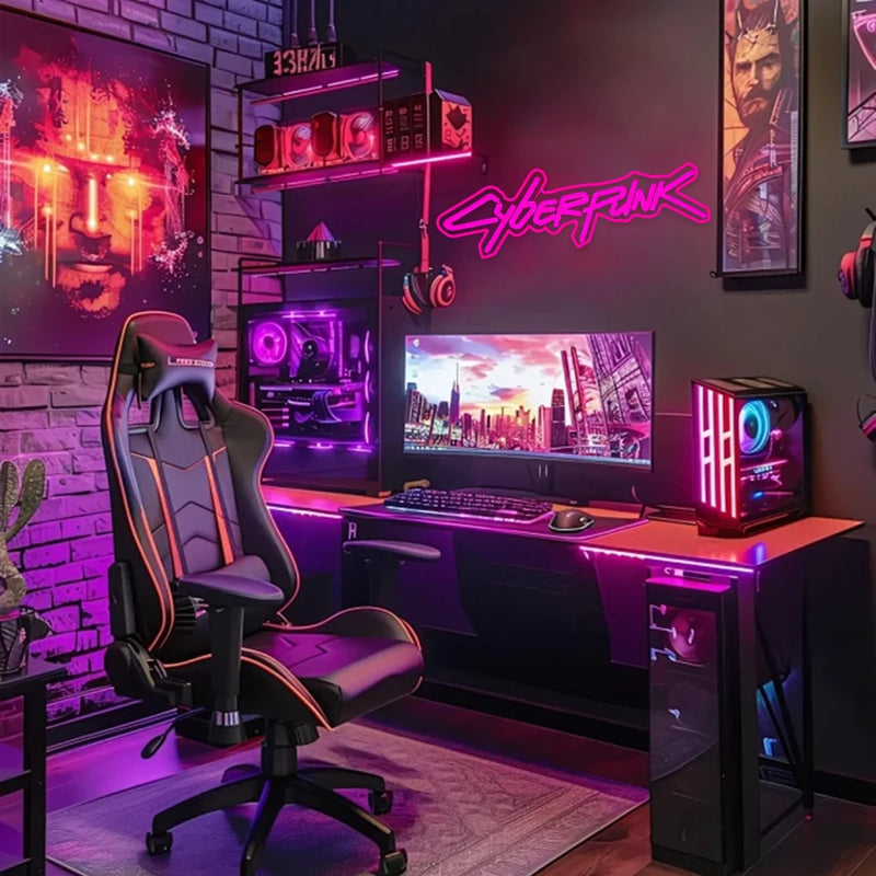 Placa de neon cyberpunk, placa com letras rosa, usada para decoração de parede, presente exclusivo para entusiastas de informática, sala de e-sports, decoração