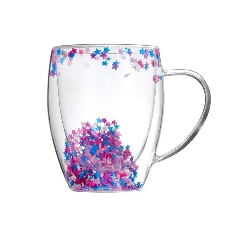 Caneca de café de vidro com parede dupla de 350 ml com alças,