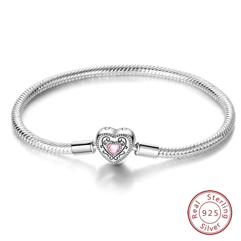 Novidades em prata esterlina 925, corrente de cobra, pulseiras com fecho de zircônia em formato de coração, berloques para panela, joias da moda, faça você mesmo, fabricação de presentes