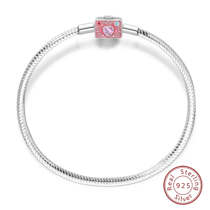 Novidades em prata esterlina 925, corrente de cobra, pulseiras com fecho de zircônia em formato de coração, berloques para panela, joias da moda, faça você mesmo, fabricação de presentes