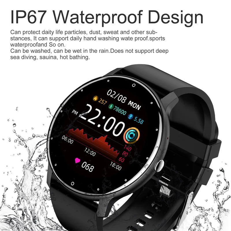 Relógio inteligente LIGE feminino e masculino com tela sensível ao toque, Bluetooth 5.2, à prova d'água, rastreador esportivo e fitness, IP67 de fábrica, ZL02, novo