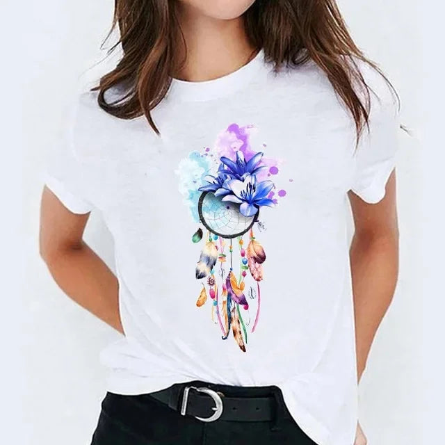 Camiseta casual branca com gola redonda e manga curta, moda feminina, estampa Harry Potter, blusa básica